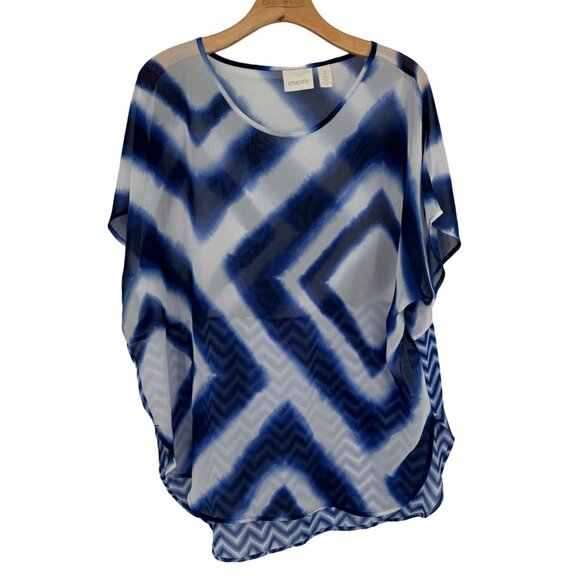 Chico's 2 Women's semi Sheer Blue White Geometric Print Tunic Top Size large - Picture 6 of 9